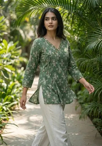 Green floral wrap tie short kurti – Kalyanja.